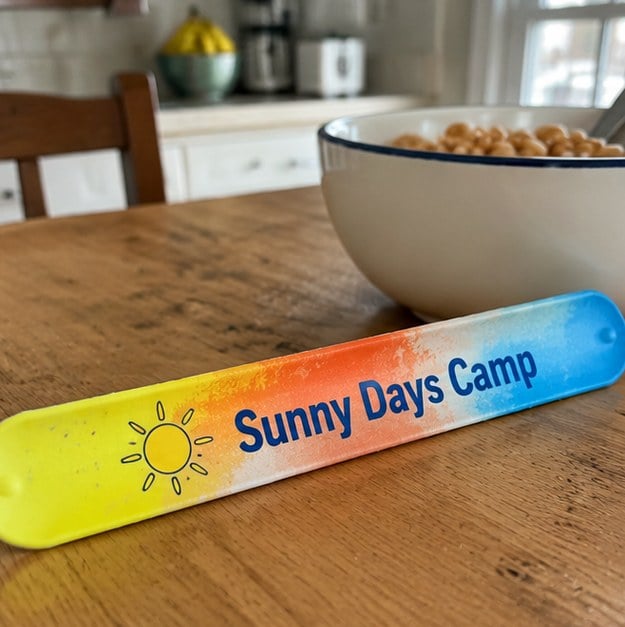 Customer photo of a custom camp slap bracelet